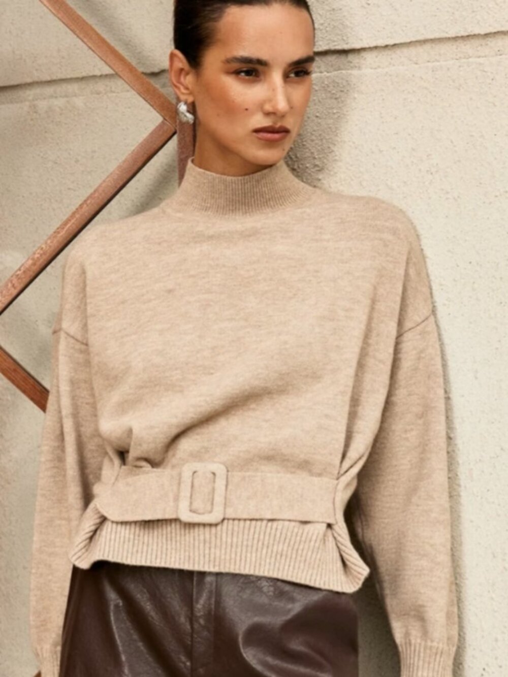 High-Neck Belted Crewneck Sweater in Beige